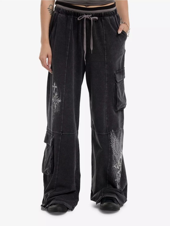 Hot Topic Pants - Hot Topic Grey Gothic Cross Cargo Wide Leg Sweatpants Baggy Double Waistband S